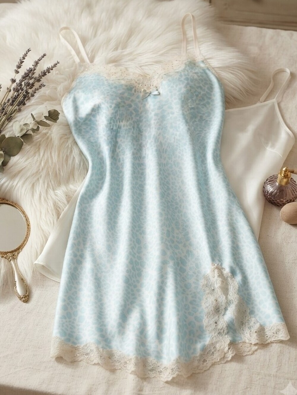 Victoria's Secret Satin Blue Leopard Print Embellished Lace Trim Slip Dress